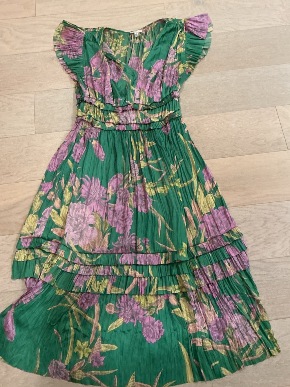 Current Air Purple and Green Floral Ruffle Dress